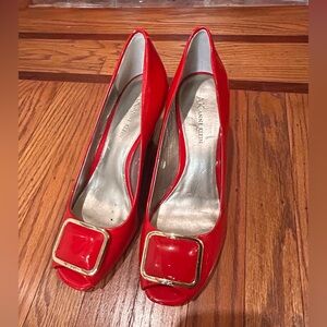 Anne Klein Red Buckle Peep Toe Heels
